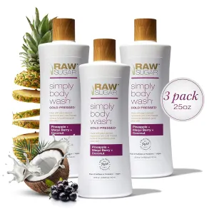 RAW SUGAR Simply Body Wash - Pineapple   Maqui Berry   Coconut, Moisturizing & Brightening Bath & Shower Gel, Sulfate-Free, Paraben-Free & Vegan (Pack of 3)