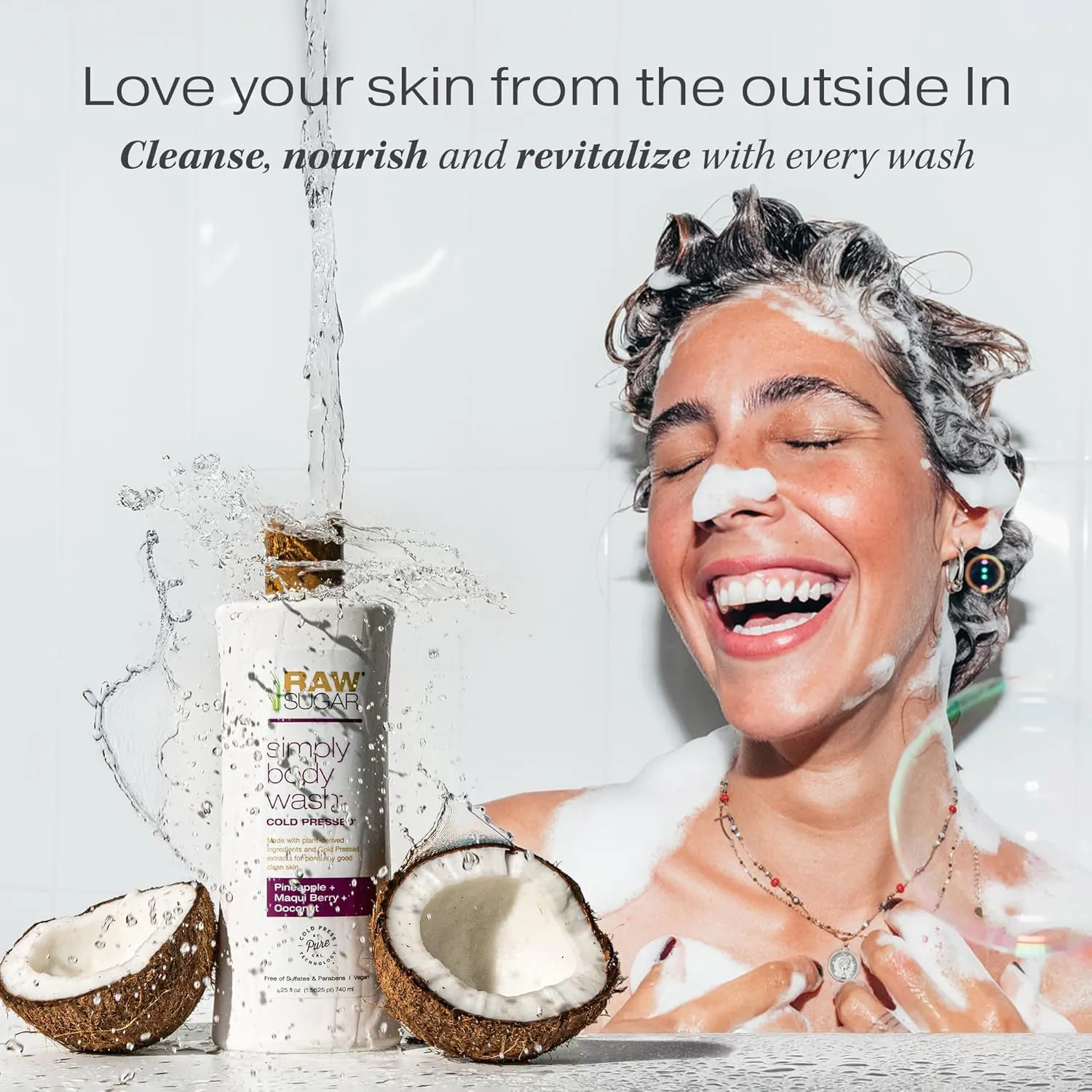 RAW SUGAR Simply Body Wash - Pineapple   Maqui Berry   Coconut, Moisturizing & Brightening Bath & Shower Gel, Sulfate-Free, Paraben-Free & Vegan (Pack of 3)