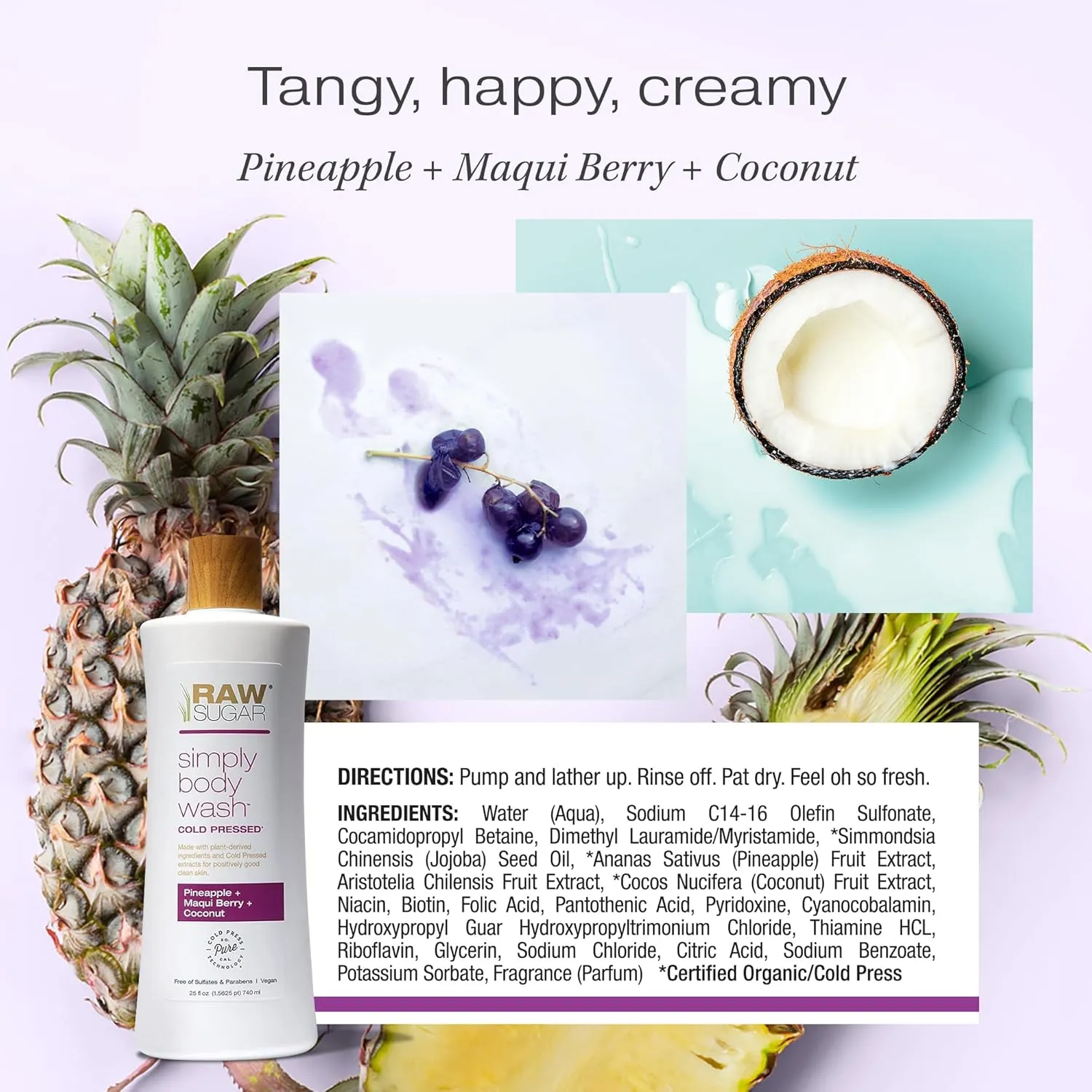 RAW SUGAR Simply Body Wash - Pineapple   Maqui Berry   Coconut, Moisturizing & Brightening Bath & Shower Gel, Sulfate-Free, Paraben-Free & Vegan (Pack of 3)