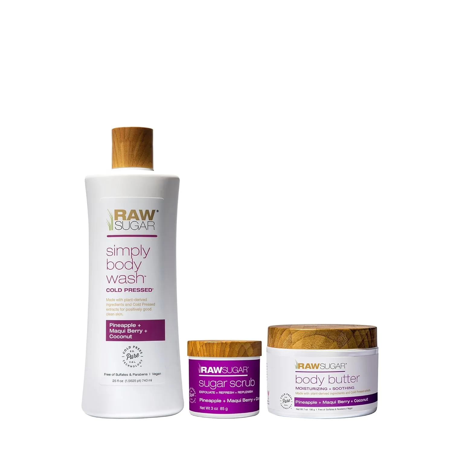 Raw Sugar Travel   Home Set Pineapple   Maqui Berry   Coconut Body Wash, Body Scrub & Body Butter, Body Skin Care Bundle, Clean Ingredients, Formulated without Sulates and Parabens