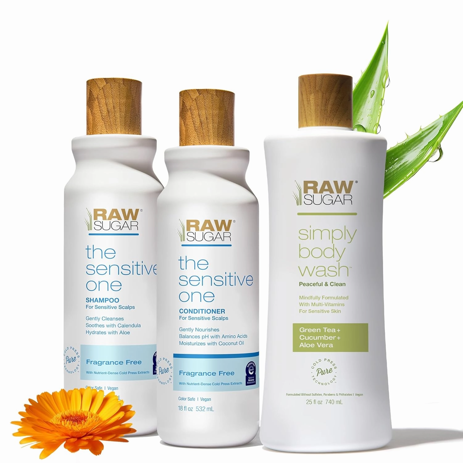 Raw Sugar The Sensitive One Shampoo and Conditioner Set and Green Tea Body Wash (3 Products) Hydrating & Soothing Formula for Dry, Sensitive Skin & Hair, A Complete Haircare and Skincare Bundle