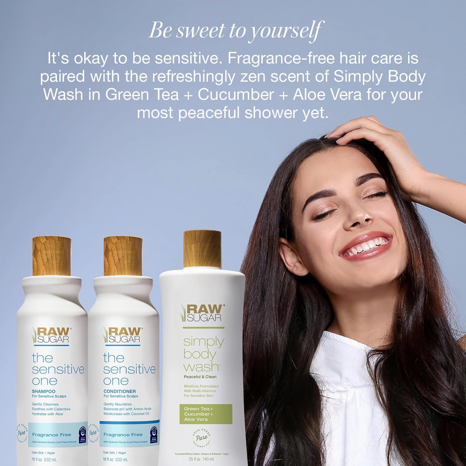 Raw Sugar The Sensitive One Shampoo and Conditioner Set and Green Tea Body Wash (3 Products) Hydrating & Soothing Formula for Dry, Sensitive Skin & Hair, A Complete Haircare and Skincare Bundle
