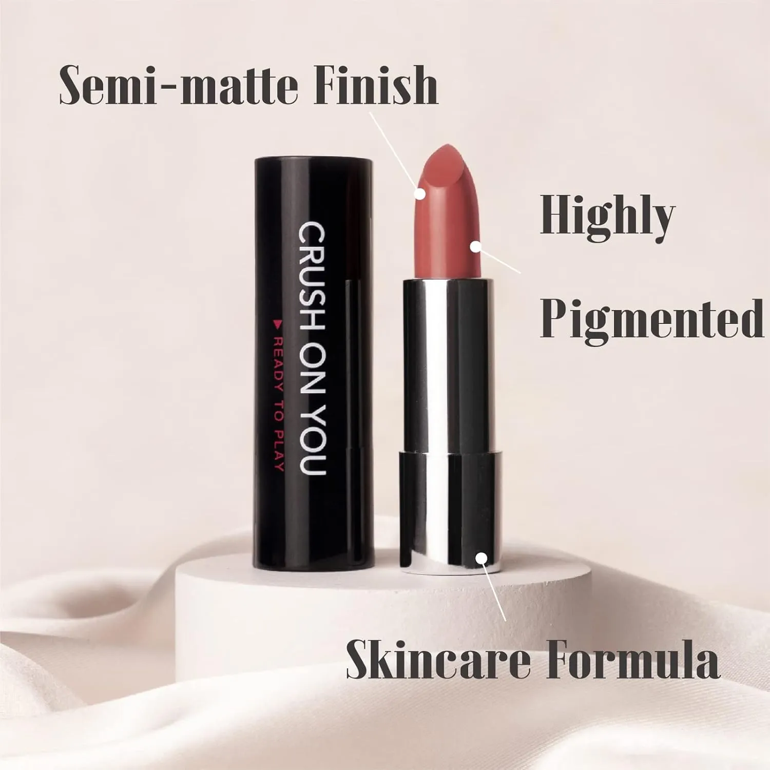 READY TO SHINE Matte Vegan Lipstick with Creamy Satin Finish, Neutral Peach with Rose Tone Lip Color -CRUSH ON YOU (329-Now And Forever)