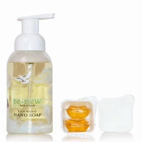 renew bath   body Foaming Hand Soap Kit (AIR Design) with 3 hand soap refills and zero waste reusable glass bottle - natural soap - vegan - cruelty free - made in the USA - Gardenia & Lemon Scent
