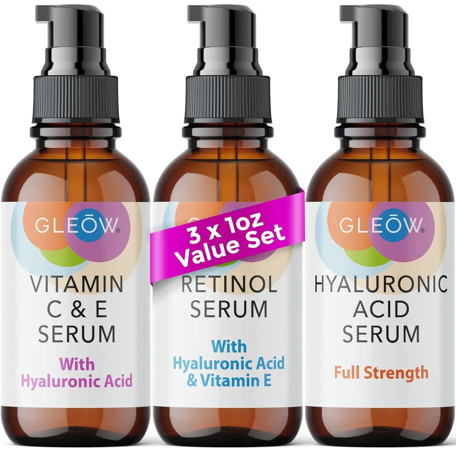 Retinol Serum for Face, Vitamin C with Hyaluronic Acid Face Serum for Women and Men, Glow Skin Care Set Total Package Targets Appearance of Uneven Skin Tone and Dryness 3x1oz