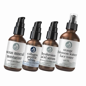 Revitalizing Skincare Quartet: Ocean Mineral Moisturizer, Peptide Collagen Serum, Hyaluronic Acid Face Serum & Orange Blossom Toner