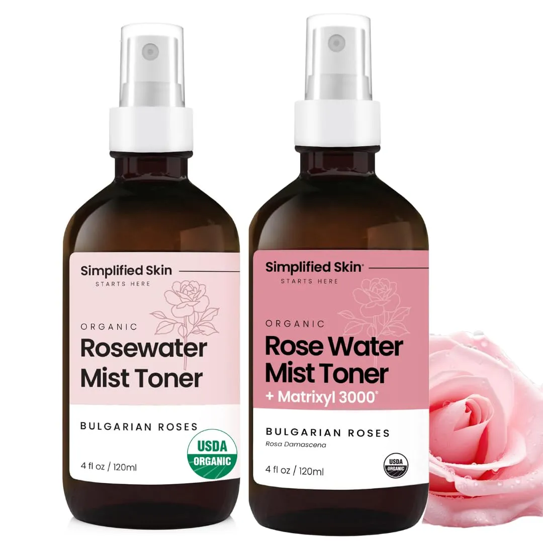Rose Water Face Mist Duo – Organic Rosewater Spray & Anti-Aging Facial Toner with Matrixyl 3000, Aloe & Hyaluronic Acid – Hydrating, Alcohol-Free, 2-Pack
