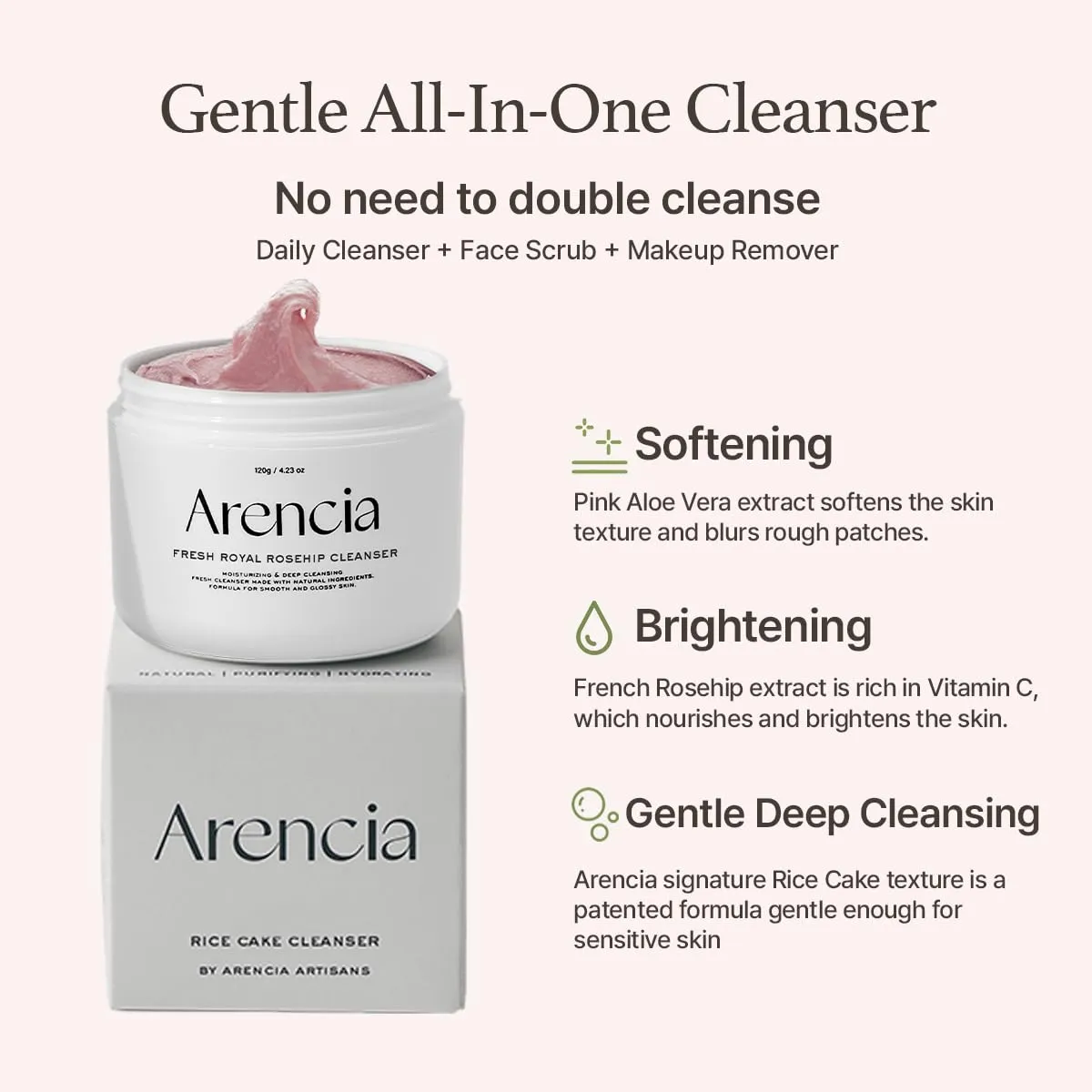 Rosehip Brightening Rice Mochi Face Cleanser & Daily Scrub - Moisturizing, Exfoliating & Deep-Cleansing - All Skin Types with Rice Powder & Rice Water (4.23oz)
