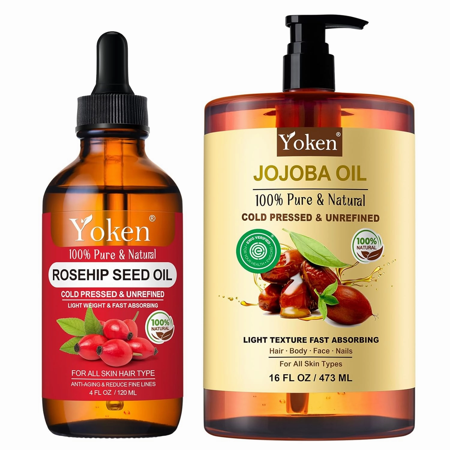 Rosehip Seed Oil 4 fl oz and Jojoba Oil 16 fl oz Set: Cold Pressed, Virgin, Organic Oil for Face, Hair, Body, After Bath - 100% Pure Moisturizing Skin Oil, Anti-Aging, Scar Treatment, GUA SHA