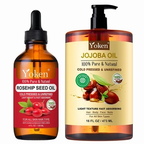 Rosehip Seed Oil 4 fl oz and Jojoba Oil 16 fl oz Set: Cold Pressed, Virgin, Organic Oil for Face, Hair, Body, After Bath - 100% Pure Moisturizing Skin Oil, Anti-Aging, Scar Treatment, GUA SHA
