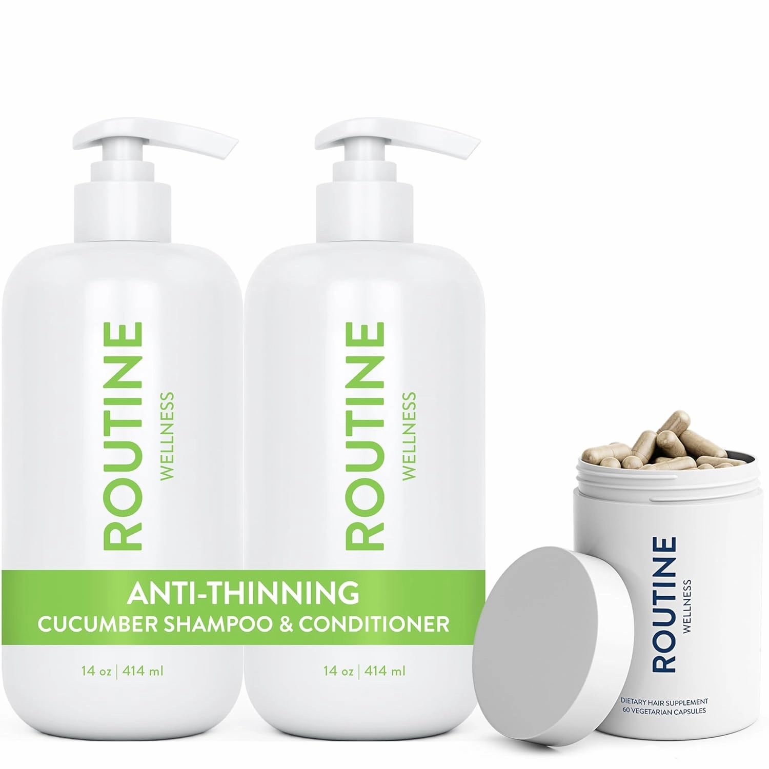 Routine Wellness Anti-Thinning Cucumber Shampoo and Conditioner Set for Thinning Hair & Biotin Advanced Hair Supplement