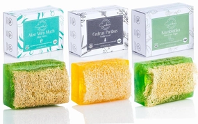 SABUN CO. [3 Pack] Aloe Vera, Argan Oil, Cedarwood Loofah Soap Bars - Natural Exfoliating Bars, Nourishing, Hydrating, Moisturizing Handmade Soap For Face and Body [4.4 oz - 125 gr x 3]