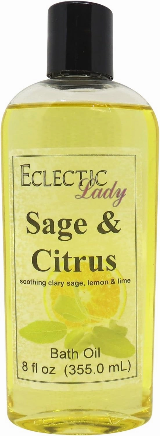 Sage And Citrus Bath Oil by Eclectic Lady - Scented Bath Oil - Relaxing & Moisturizing Bathing Oil - Fragrance Body Oil For Dry & Rough Sensitive Skin - Body Daily Nourishing Shower Oil (8 oz)