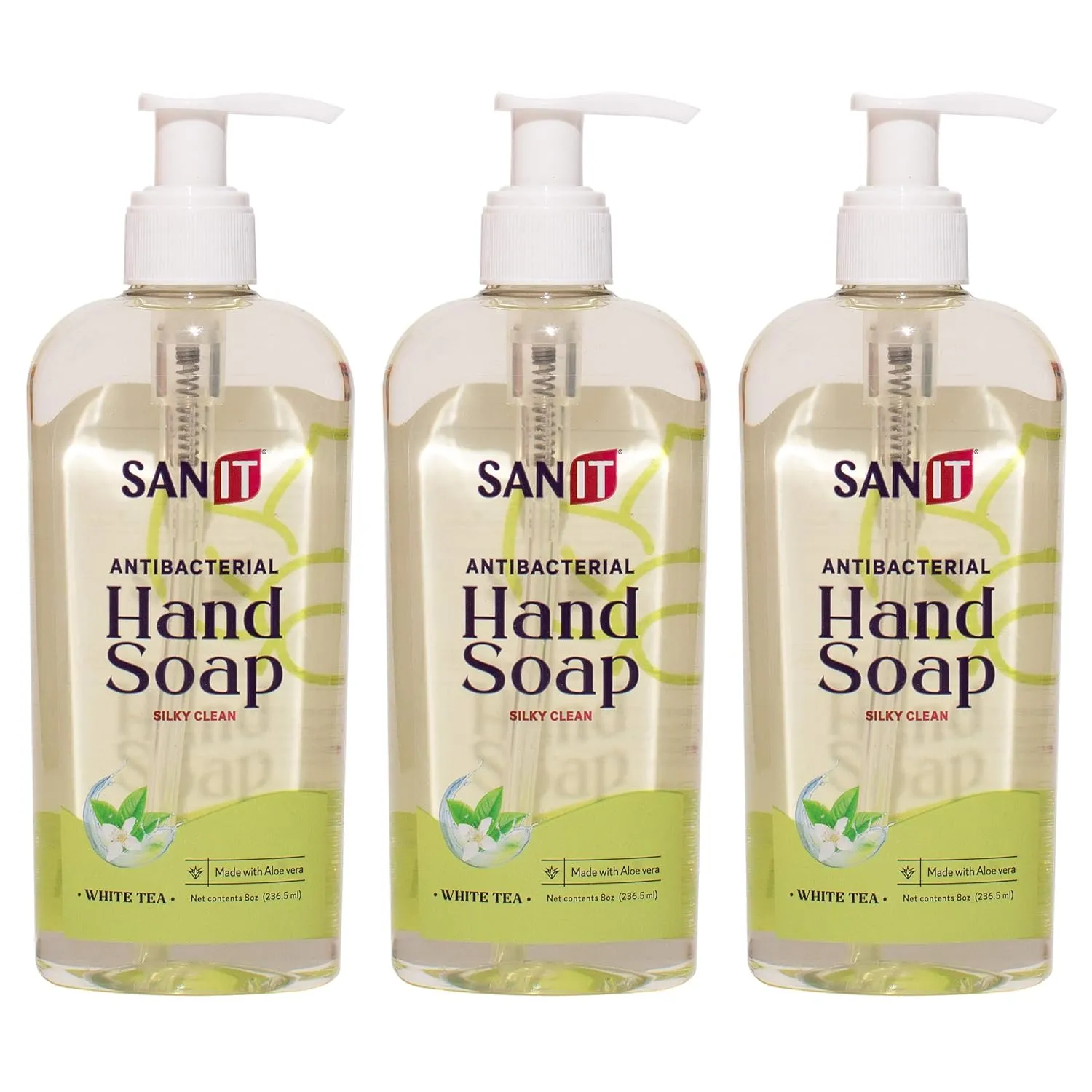 Sanit Silky Clean Antibacterial Liquid Gel Aromatic Hand Soap - Advanced Formula with Coconut Oil and Aloe Vera - Natural Moisturizing Hand Wash - Made in USA, White Tea, 8 oz, 3 Pack