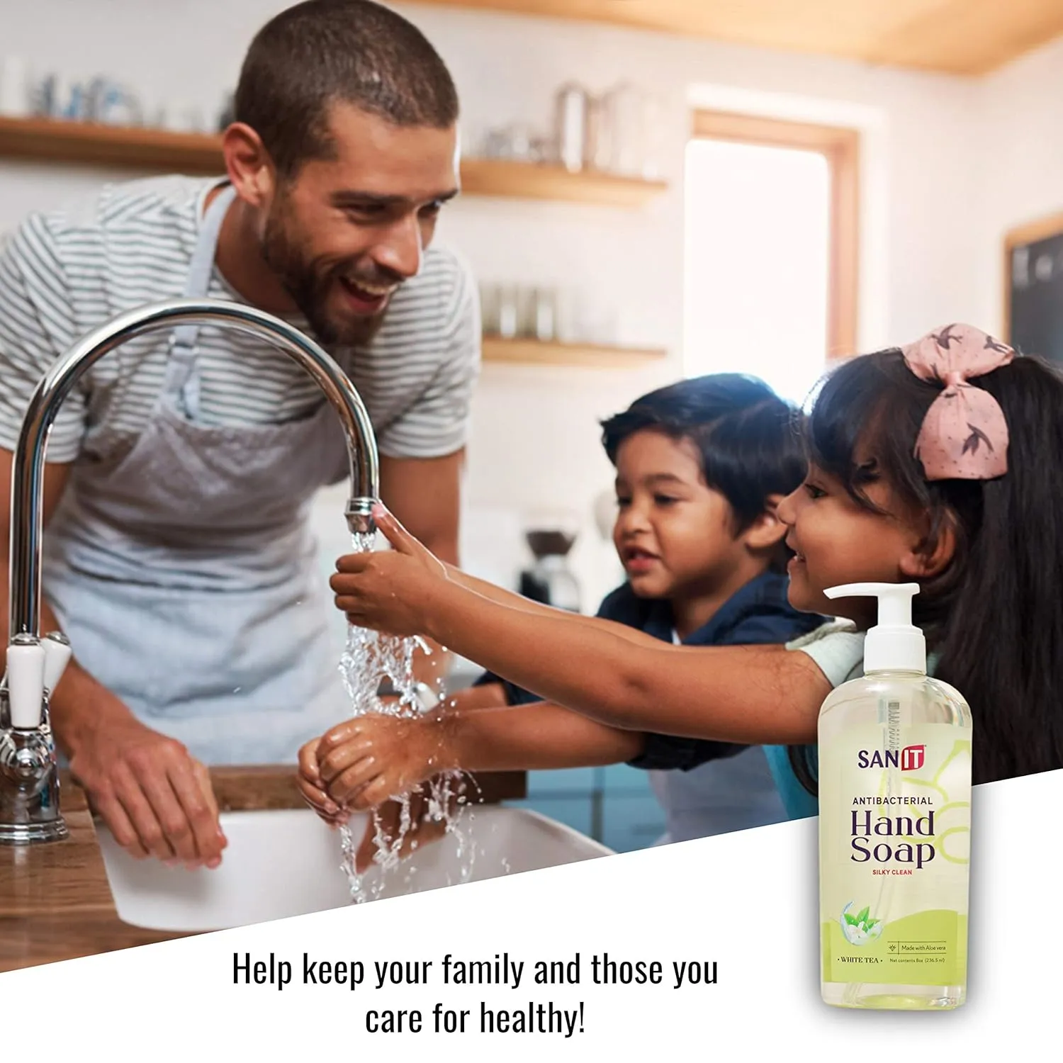 Sanit Silky Clean Antibacterial Liquid Gel Aromatic Hand Soap - Advanced Formula with Coconut Oil and Aloe Vera - Natural Moisturizing Hand Wash - Made in USA, White Tea, 8 oz, 3 Pack