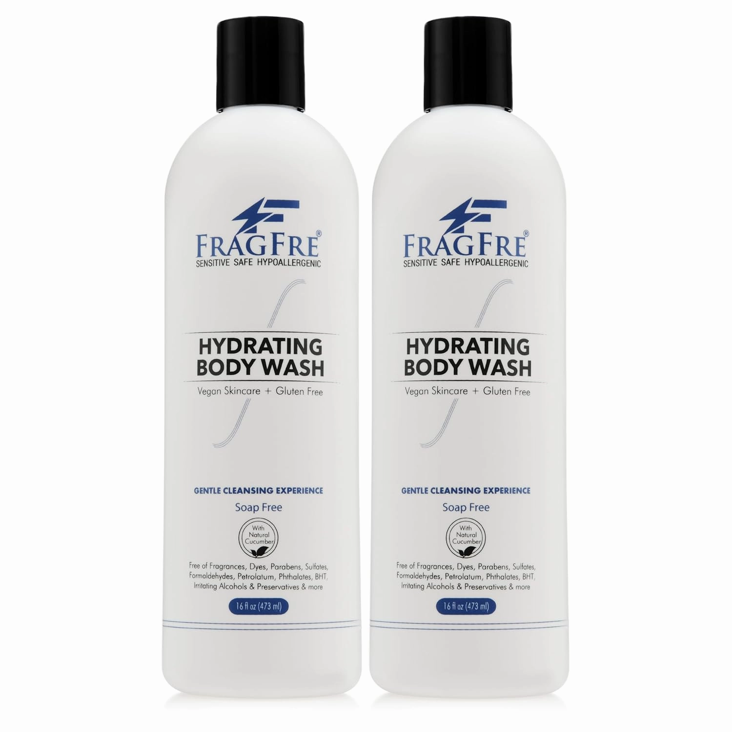 Sensitive Body Wash 16 oz (2-Pack Gift Set) - Paraben Free Sulfate Free Body Cleanser - Hypoallergenic for Delicate and Flaky Skins - No Added Fragrance - Cucumber for Hydration - Vegan GF/CF