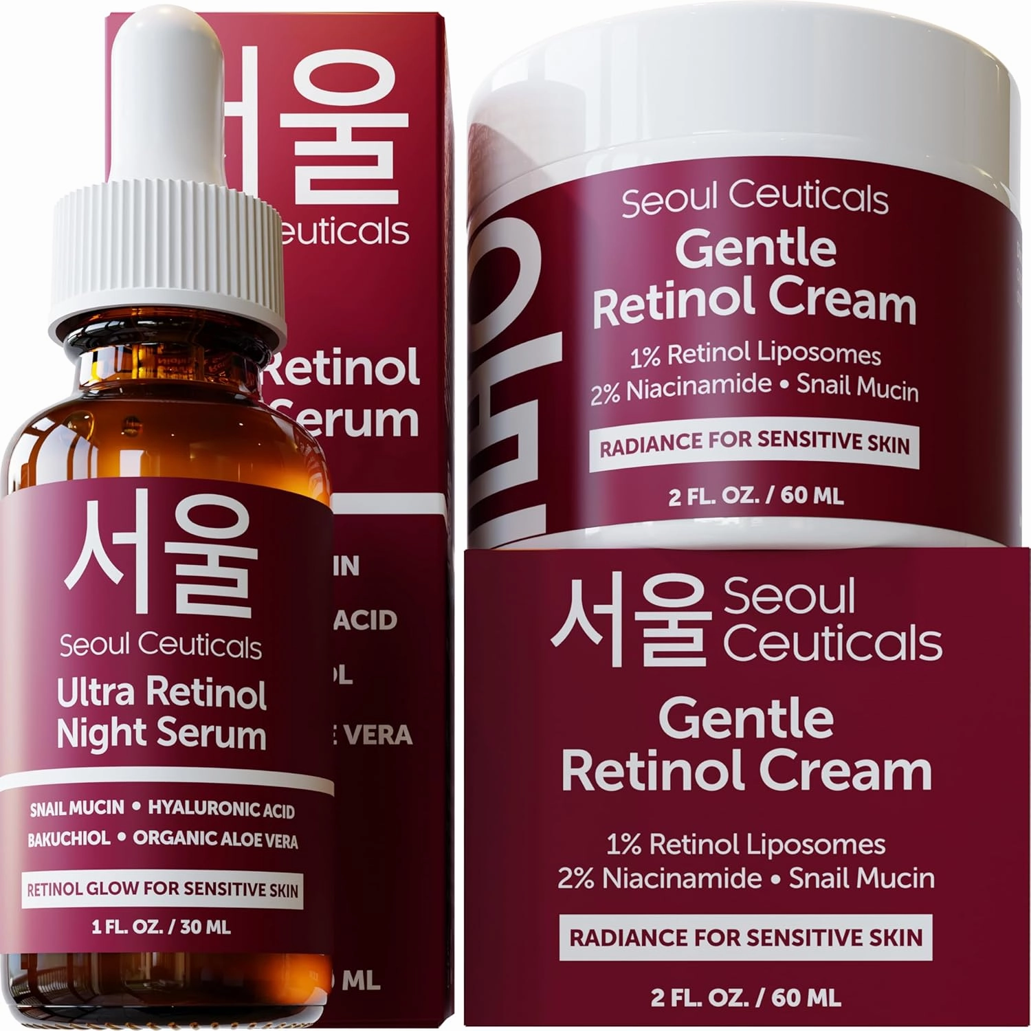 SeoulCeuticals Korean Retinol Night Serum   Retinol Night Cream for Face   97.5% Snail Mucin for Sensitive Skin