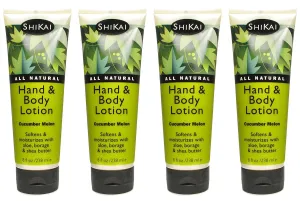 ShiKai Cucumber Melon Hand & Body Lotion (8oz, Pack of 4) | Daily Moisturizing Skincare for Dry and Cracked Hands | With Aloe Vera & Vitamin E