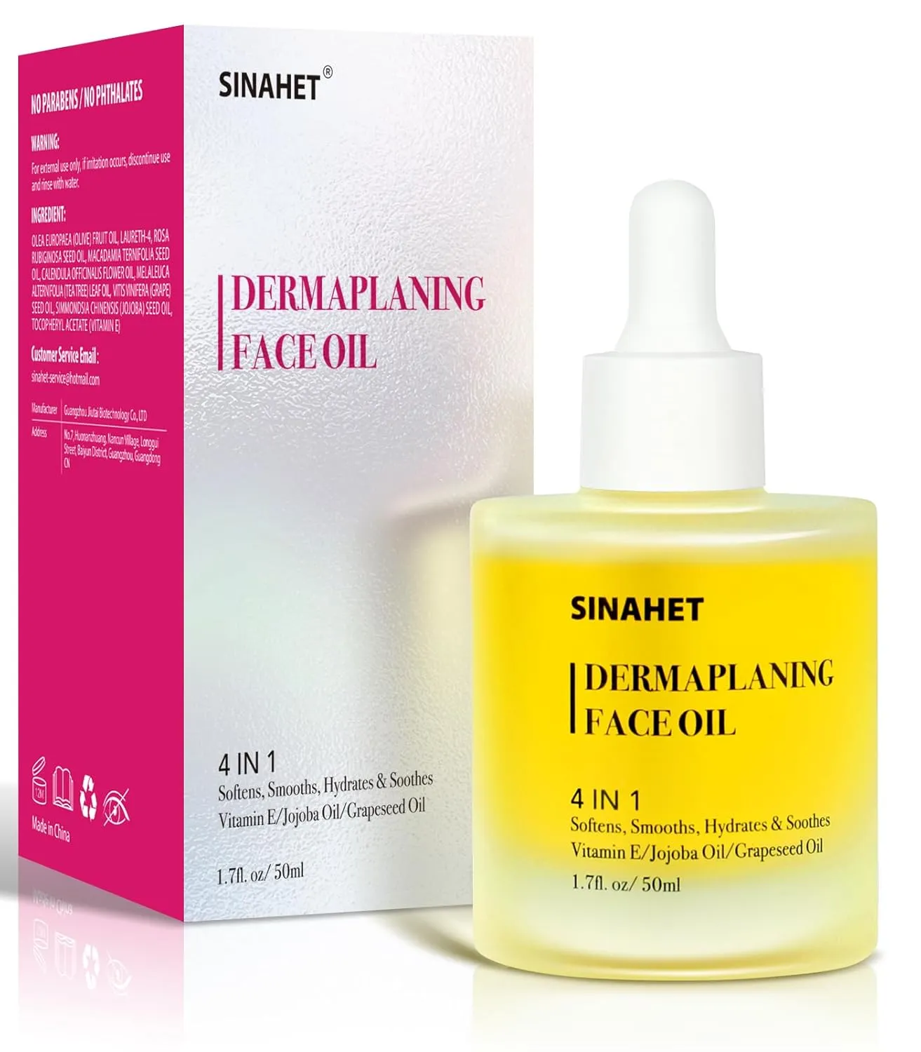 SINAHET Dermaplaning Oil, Natural Moisturizing Shave Oil for Face & Body Hair, Skin Soothing Oil made with essence of Jojoba, Vitamin E, Tea Tree, and Grape Seed (1.7fl. oz/50ml)