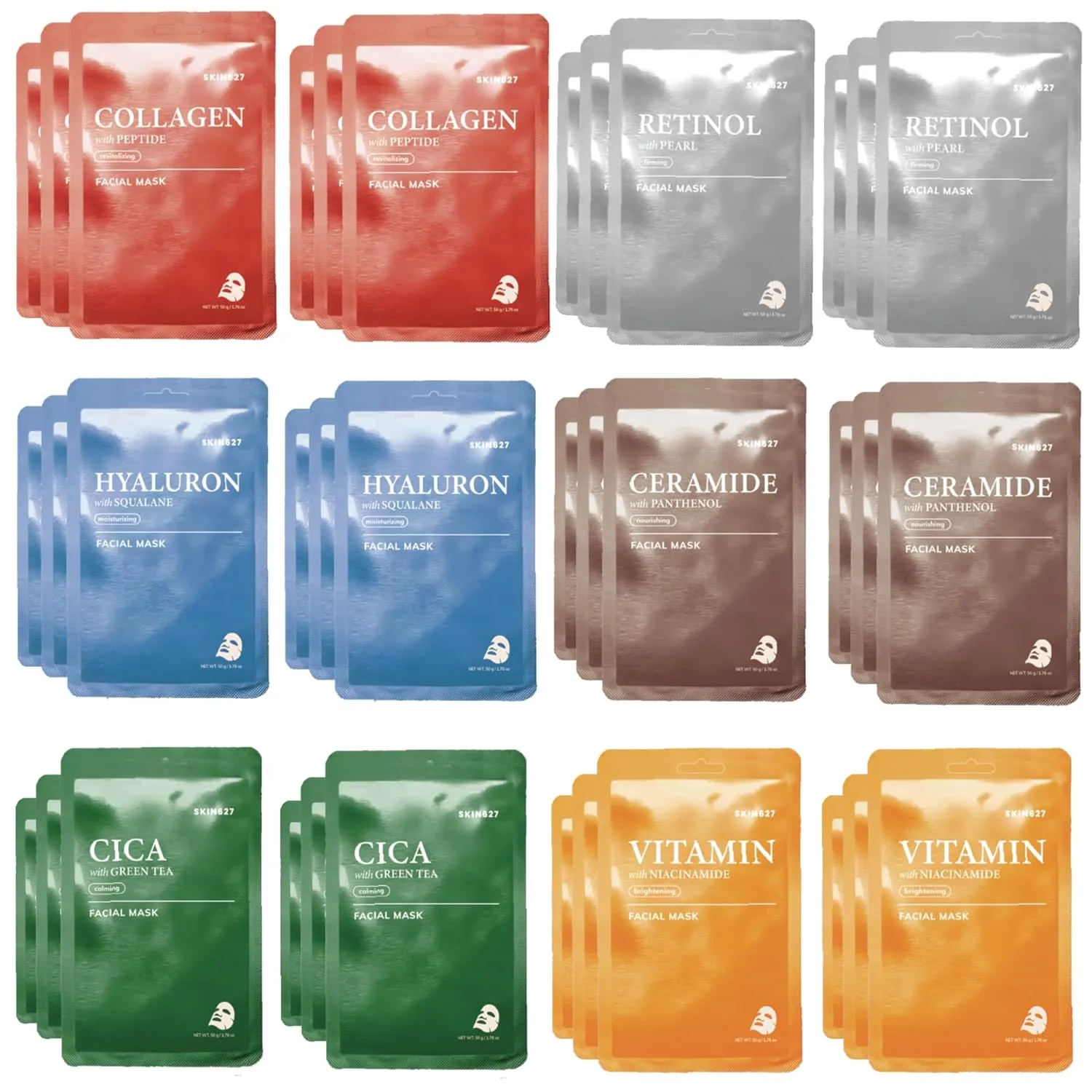 SKIN627 Bulk 36PK Face Masks, Korean Skincare, Hydrating Facial Sheet Masks | Retinol, Vitamin, Ceramide, Cica (36PK Mixed Assortment)