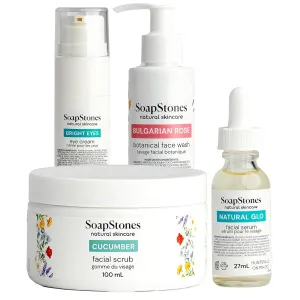 Soapstones Skincare Bundle - Natural Glo Facial Serum - Bulgarian Rose Oil Cleanser - Cucumber Exfoliating Scrub - Hydrating Eye Cream - 4Pc Glowing, Firming, Anti-Aging Skincare Set