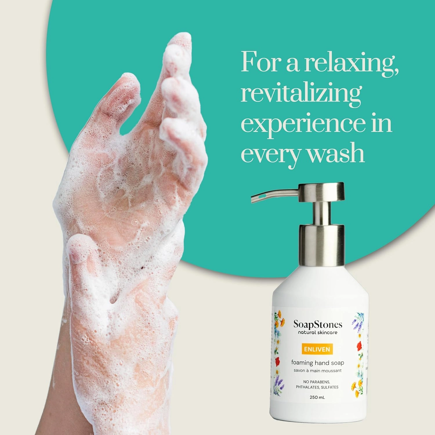 Soapstones Foaming Hand Soap - 250ml Moisturizing, Soft and Hydrating Formula in a Refillable Bottle - Sweet Orange, Lemongrass and Grapefruit Infused Foam Hand Soap (8.05 Ounce (Pack of 1), Enliven)