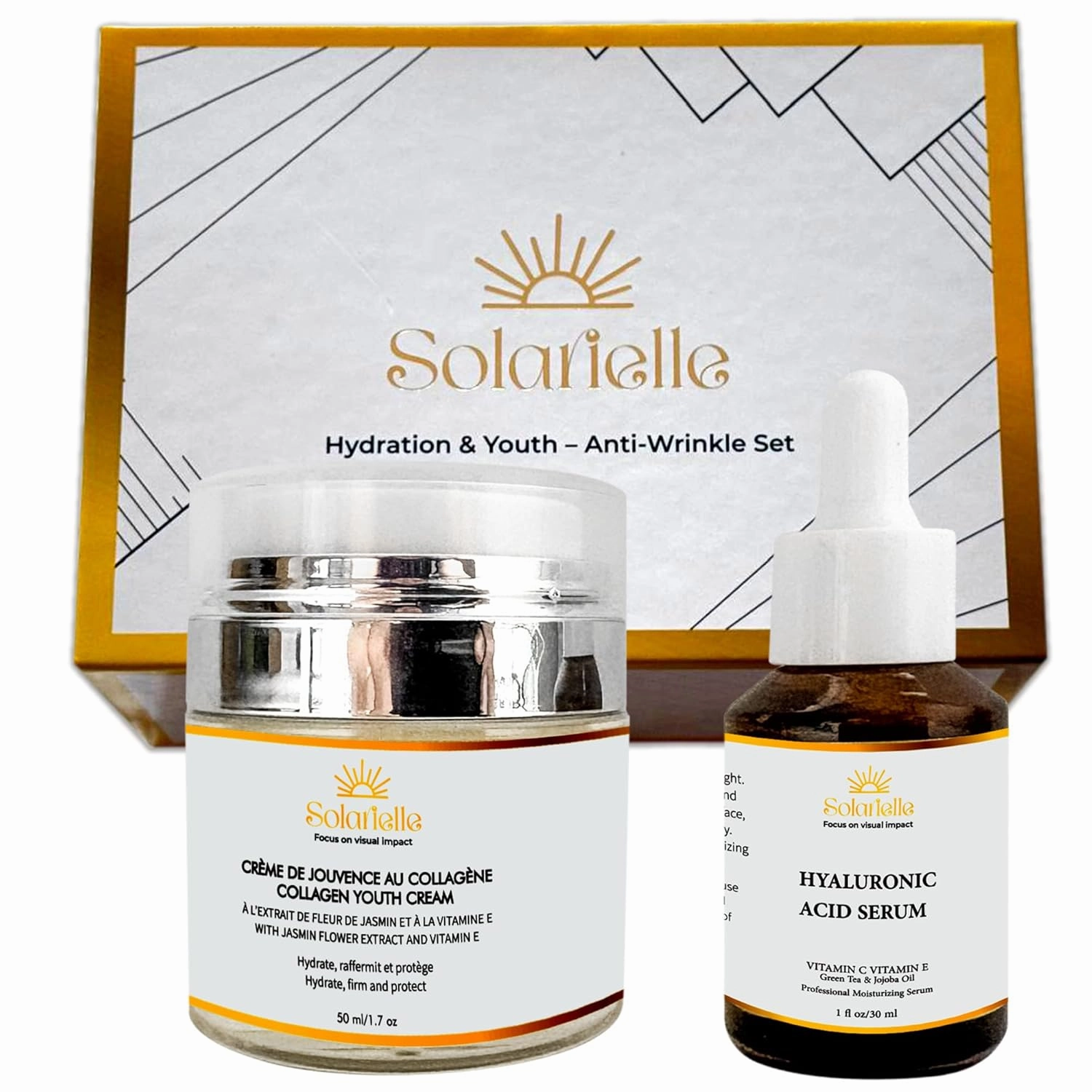 Solarielle” Hydration & Youth – Anti-Wrinkle Set – Skin Care & Beauty Face Moisturizer – Peptides Serum for Face, Crema Hidratante para la Cara, Anti-Aging Cream with Hyaluronic Acid & Retinol