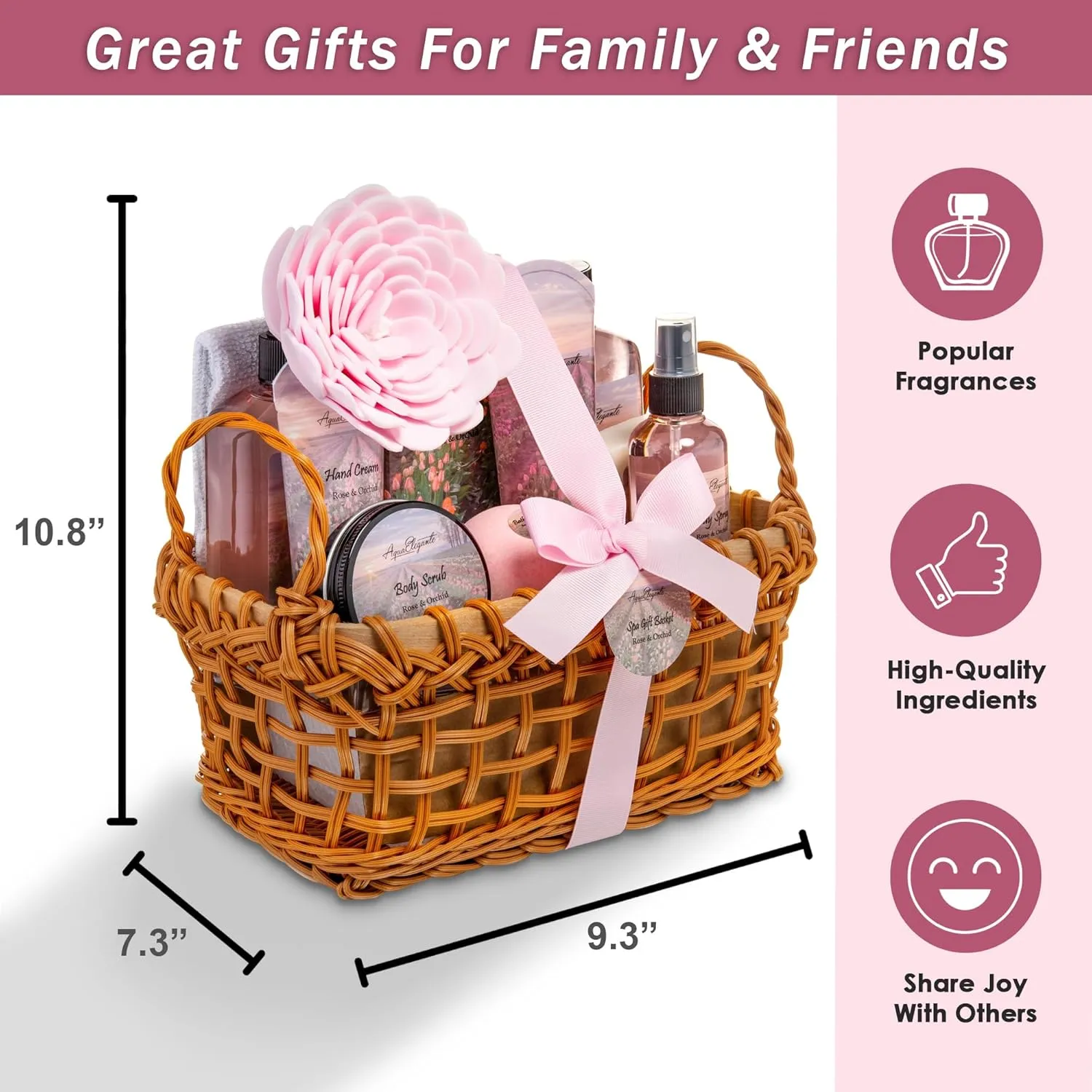 Spa Baskets For Women - Luxury Bath Set With Rose Oil & Orchid - Spa Kit Includes Wash, Bubble Bath, Lotion, Bath Salts, Body Scrub, Bath Spray, Shower Puff, Bathbombs, Soap and Towel