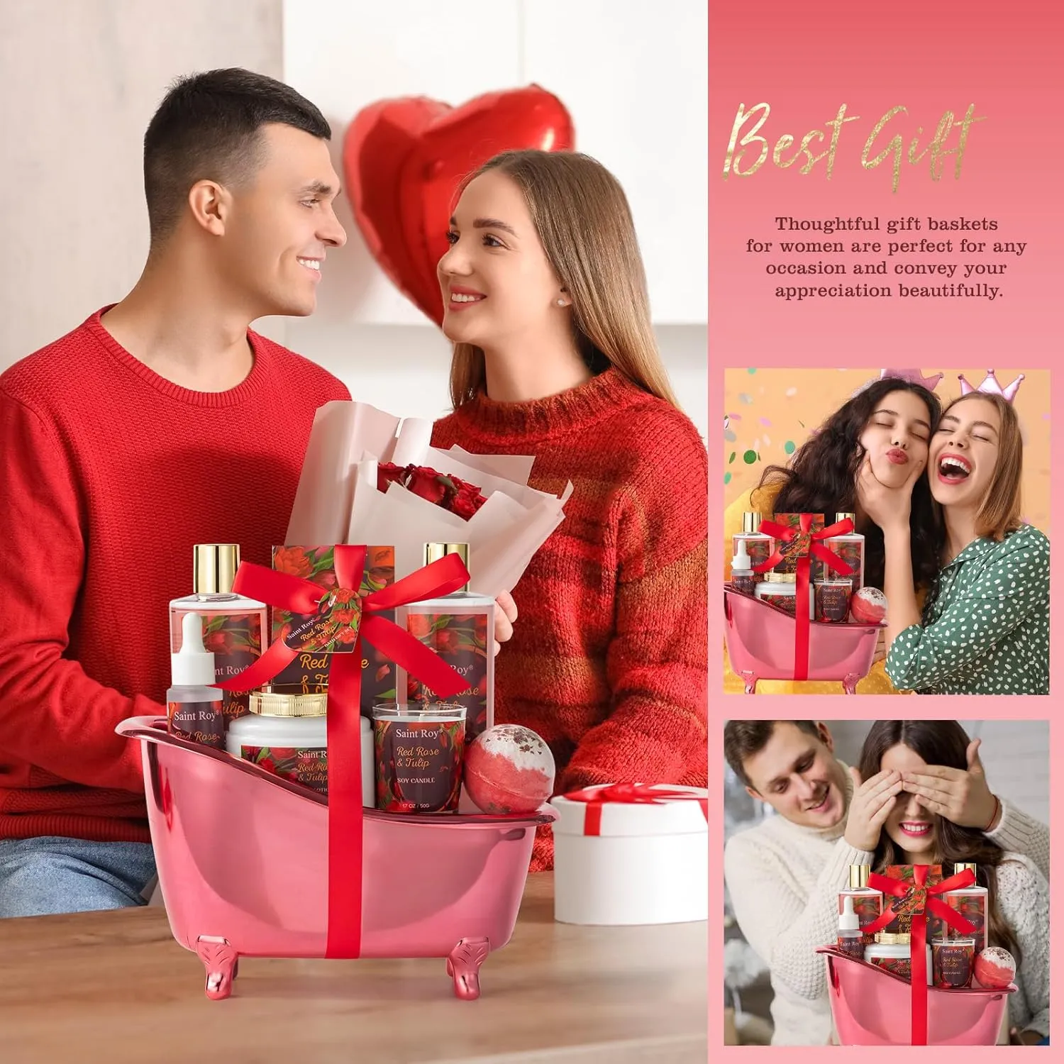 spa kit Gifts for Her Mother's Day Bath Spa Gift Set Red Rose & Tulip Spa Basket Kits for Women, Contains Body Oil, Body Lotion, Salt, self care baskets for women gift Mother's Day Gift for Mom