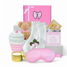 Spa Gift Set for Women, Luxury Bath and Body Set with Plush Bear, Salt Scrub, Sleep Mask, Towel, Candle, Pink