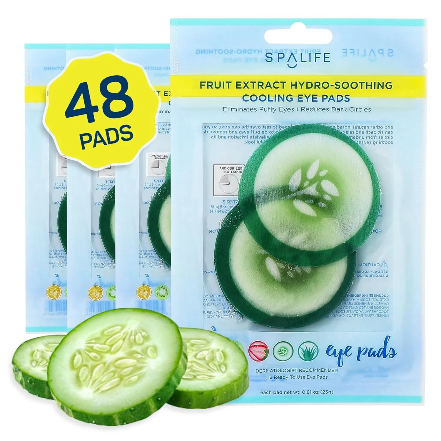 SpaLife Cooling Eye Pads - Korean Soothing Eye Pads for Dark Circles, Puffy Eyes, and Wrinkles - 48 Pads with Fruit   Vegetable Extracts - Revitalizing Hydrating Eye Pads for Eye Treatment (Cucumber)