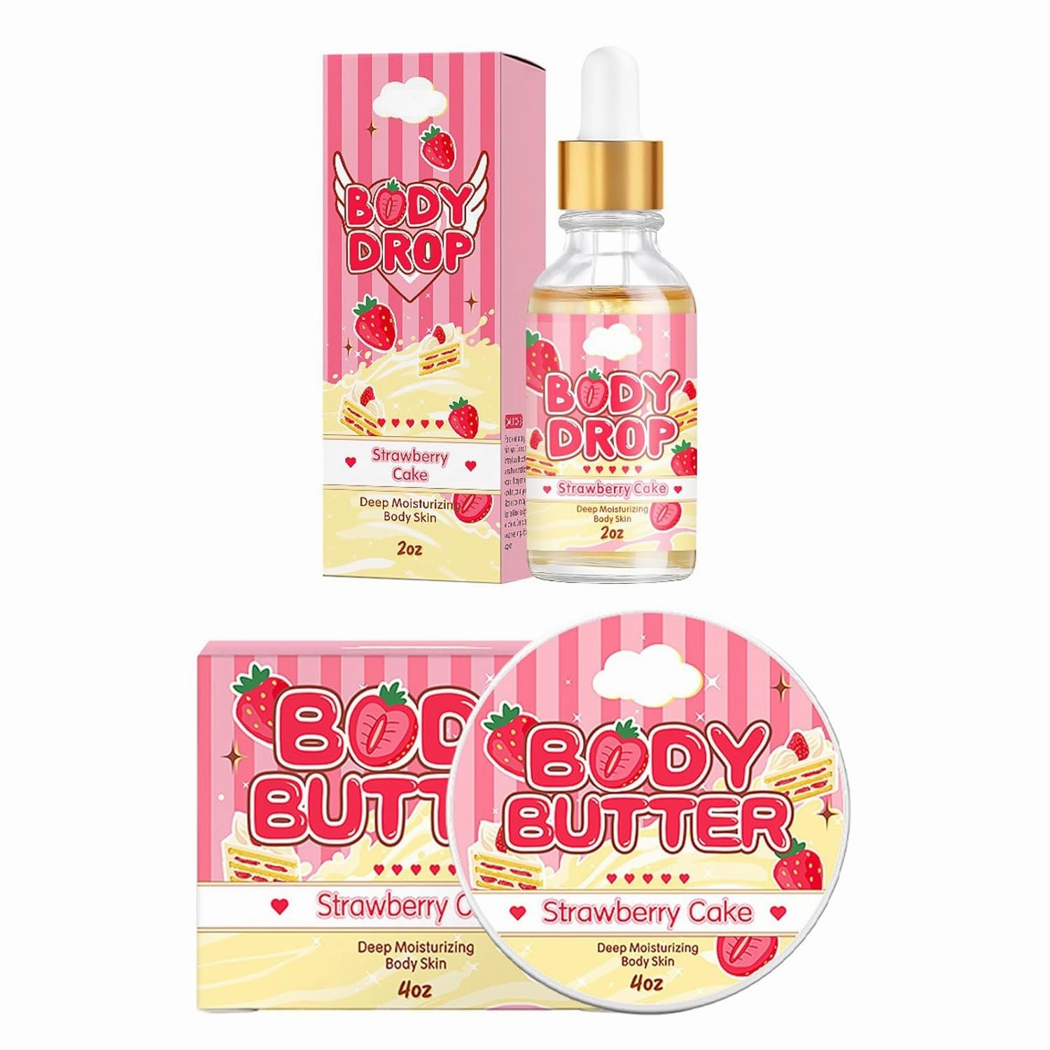 Strawberry Skincare Set - Body Glaze Body Butter Donut   Strawberry Moisturizer Body Oil, Body Skin Care Set Body Set of 2 for Dry Skin (Strawberry)
