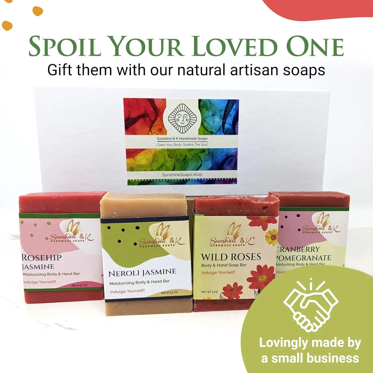 Sunshine & K Handmade Soaps - Body & Hand Soap Bar, Handmade Bath Soap, Moisturizing Bar Soap, Rosehip Jasmine, Neroli Jasmine, Wild Roses, & Cranberry Pomegranate Soap Bars, 20 oz, 4-Scents Set
