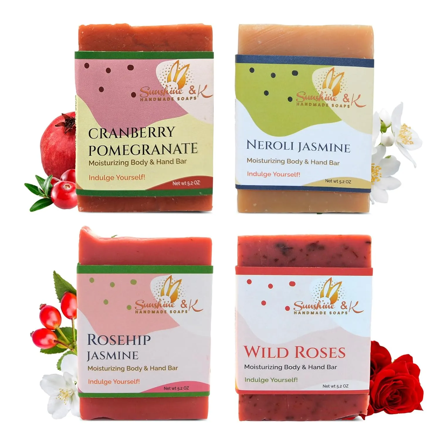Sunshine & K Handmade Soaps - Body & Hand Soap Bar, Handmade Bath Soap, Moisturizing Bar Soap, Rosehip Jasmine, Neroli Jasmine, Wild Roses, & Cranberry Pomegranate Soap Bars, 20 oz, 4-Scents Set