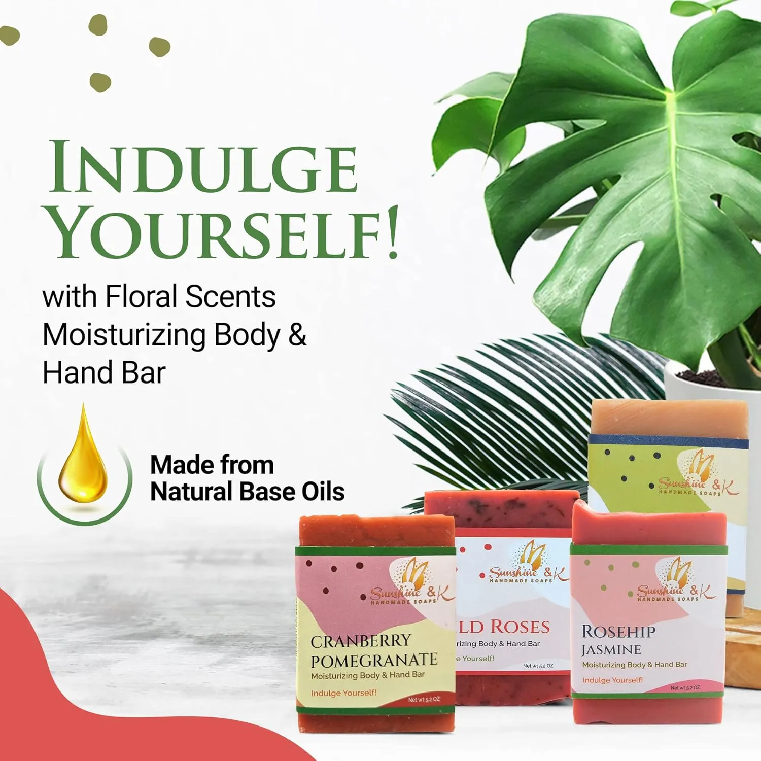 Sunshine & K Handmade Soaps - Body & Hand Soap Bar, Handmade Bath Soap, Moisturizing Bar Soap, Rosehip Jasmine, Neroli Jasmine, Wild Roses, & Cranberry Pomegranate Soap Bars, 20 oz, 4-Scents Set