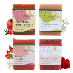 Sunshine & K Handmade Soaps - Body & Hand Soap Bar, Handmade Bath Soap, Moisturizing Bar Soap, Rosehip Jasmine, Neroli Jasmine, Wild Roses, & Cranberry Pomegranate Soap Bars, 20 oz, 4-Scents Set
