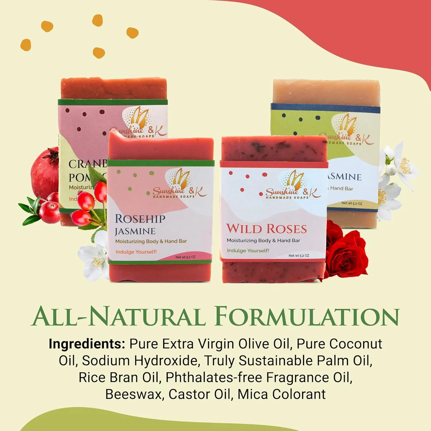 Sunshine & K Handmade Soaps - Body & Hand Soap Bar, Handmade Bath Soap, Moisturizing Bar Soap, Rosehip Jasmine, Neroli Jasmine, Wild Roses, & Cranberry Pomegranate Soap Bars, 20 oz, 4-Scents Set