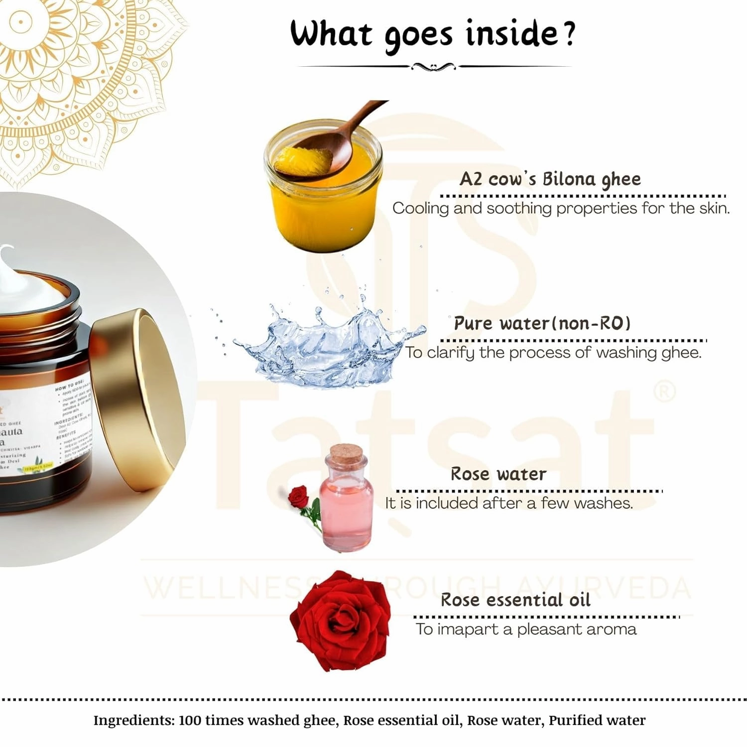 TATSAT - WELLNESS THROUGH AYURVEDA Shata Dhauta Ghrita 100 Times Washed Ghee Anti Aging Nourishing Cream Removes Stretch Marks - 30gm (30, Rose)