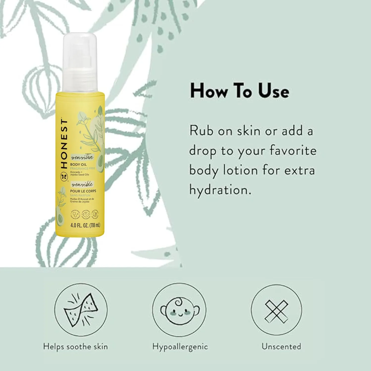 The Honest Company Fragrance Free Moisturizing Body Oil | Nourish   Soothe Baby's Skin | Plant-Based, Hypoallergenic, Vegan | 4.0 fl oz