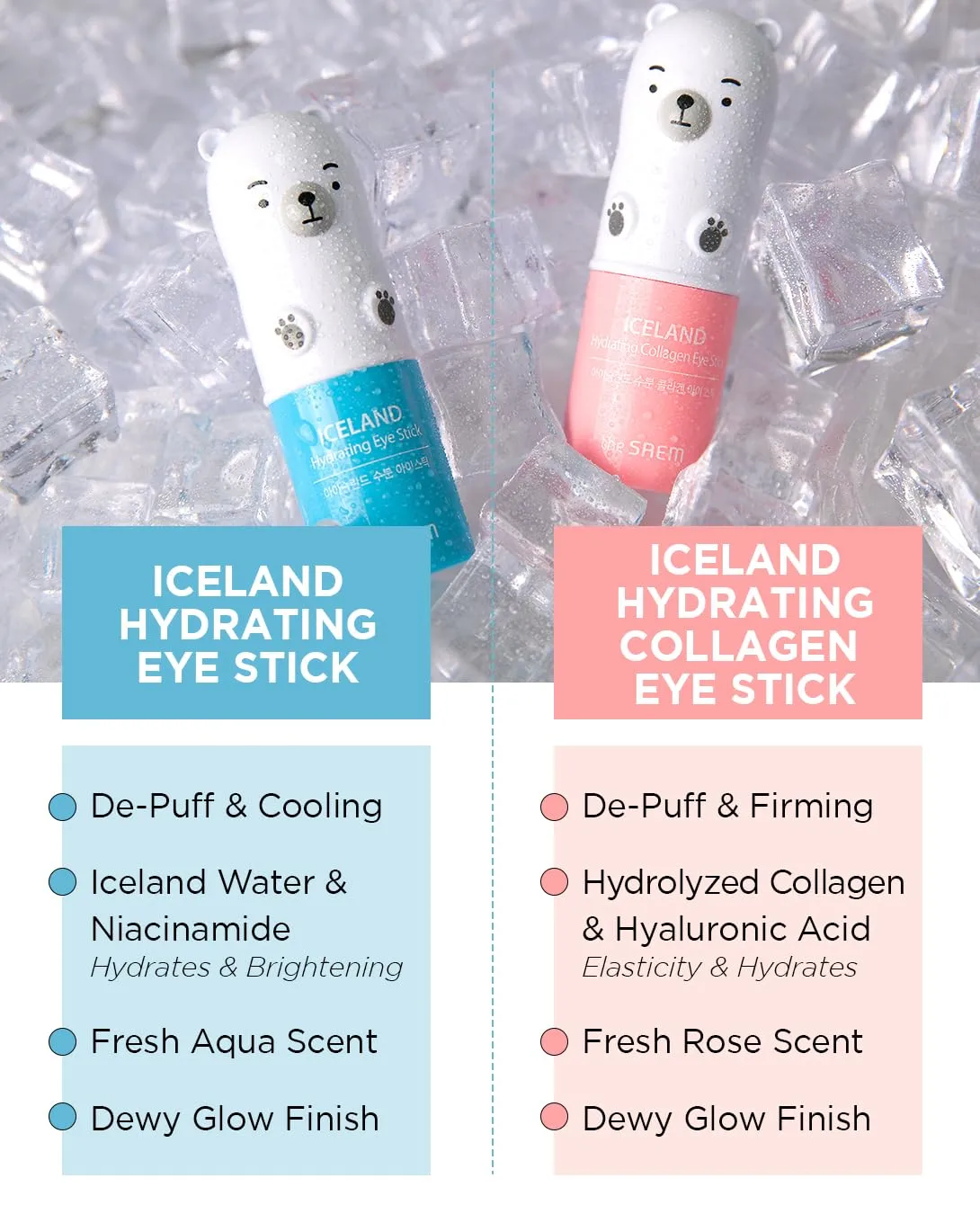 The SAEM Iceland Hydrating & Collagen Eye Stick 2 Pack - Cooling & Anti-Wrinkle Eye Balm for Dark Circles and Puffiness – Under Eye Treatment - Reduce Wrinkles and Moisturizing - Duo Set