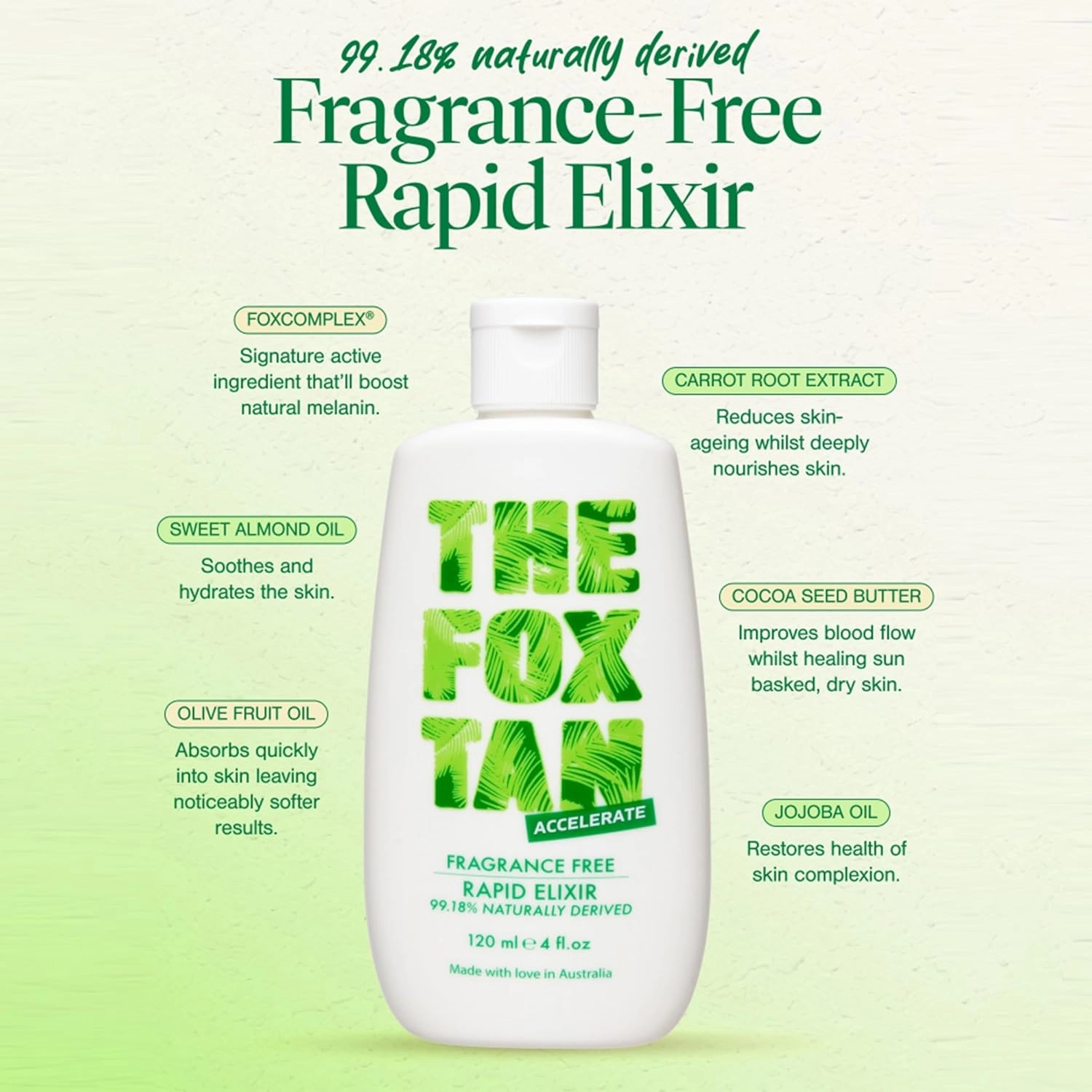 The Fox Tan Fragrance-Free Rapid Tanning Elixir, Tanning Accelerator Lotion For Darker & Faster Tans, Flawless Tans, Vegan & Cruelty-Free, 120mL
