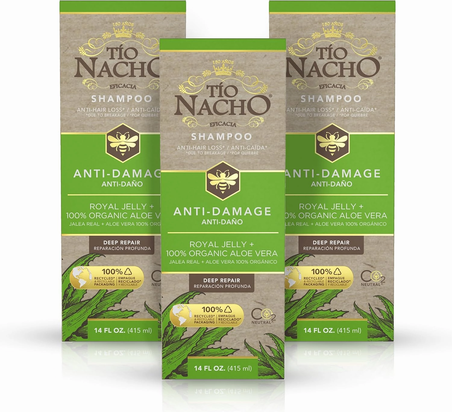 Tio Nacho Aloe Vera Deep Repair Shampoo, Organic Aloe Vera and Royal Jelly for Hair Repair and Protection, with Vegetable Keratin for Strength and Shine, Paraben, Salt, Silicone-Free, 14 Oz (3 Pack)