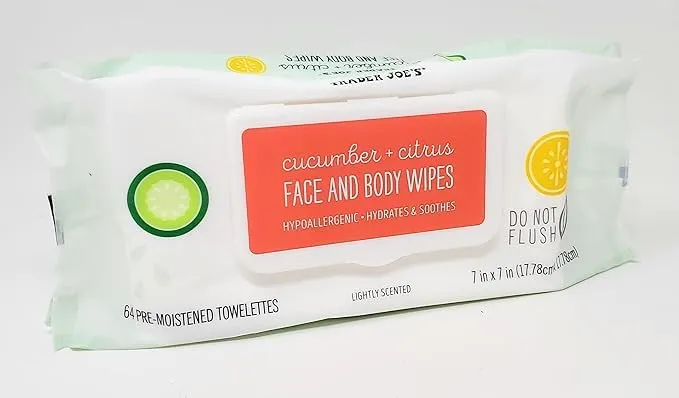 Trader Joe's Cucumber Citrus Face and Body Wipes, Hypoallergenic, 64 Count