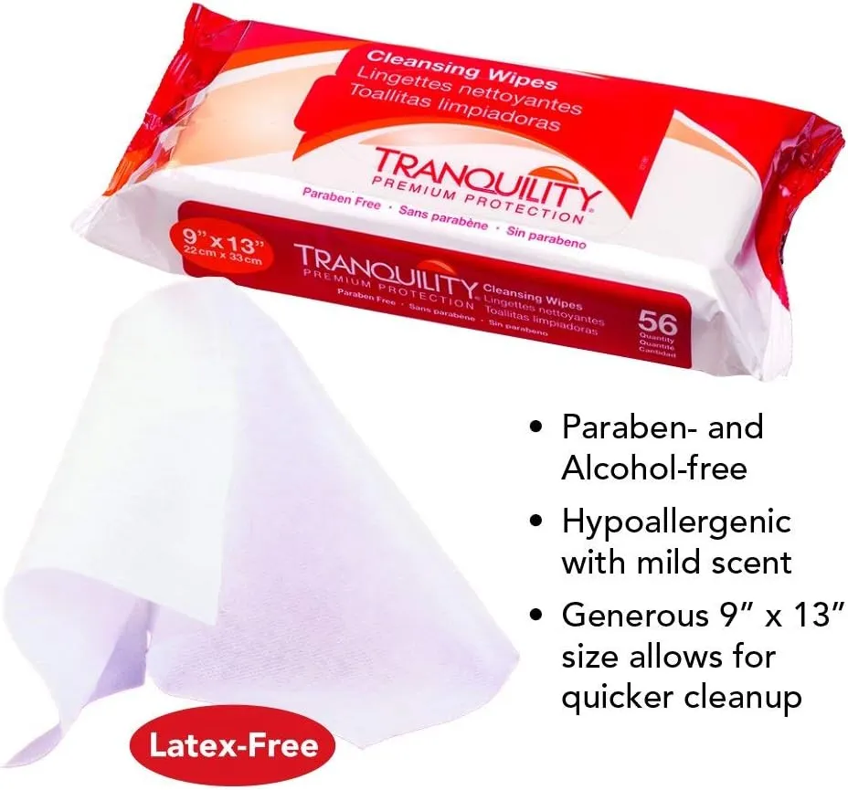 Tranquility Cleansing Wipes, Adult Size Disposable Wet Washcloths, Enriched with Aloe Vera, Chamomille, & Vitamin E, Hypoallergenic, Alcohol-Free, Mild Scented, 9"x13", 56ct Bag (Case of 12)