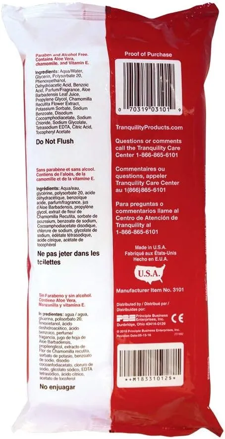 Tranquility Cleansing Wipes, Adult Size Disposable Wet Washcloths, Enriched with Aloe Vera, Chamomille, & Vitamin E, Hypoallergenic, Alcohol-Free, Mild Scented, 9"x13", 56ct Bag (Case of 12)