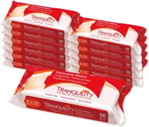 Tranquility Cleansing Wipes, Adult Size Disposable Wet Washcloths, Enriched with Aloe Vera, Chamomille, & Vitamin E, Hypoallergenic, Alcohol-Free, Mild Scented, 9"x13", 56ct Bag (Case of 12)