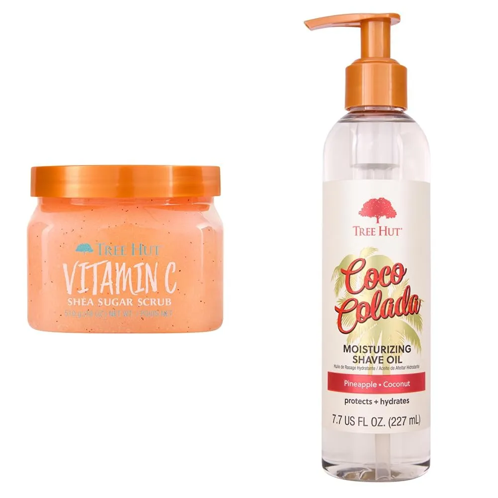 Tree Hut Vitamin C Shea Sugar Body Scrub 18 oz & Bare Coco Colada Shave Oil 7.7 fl oz Skincare Bundle