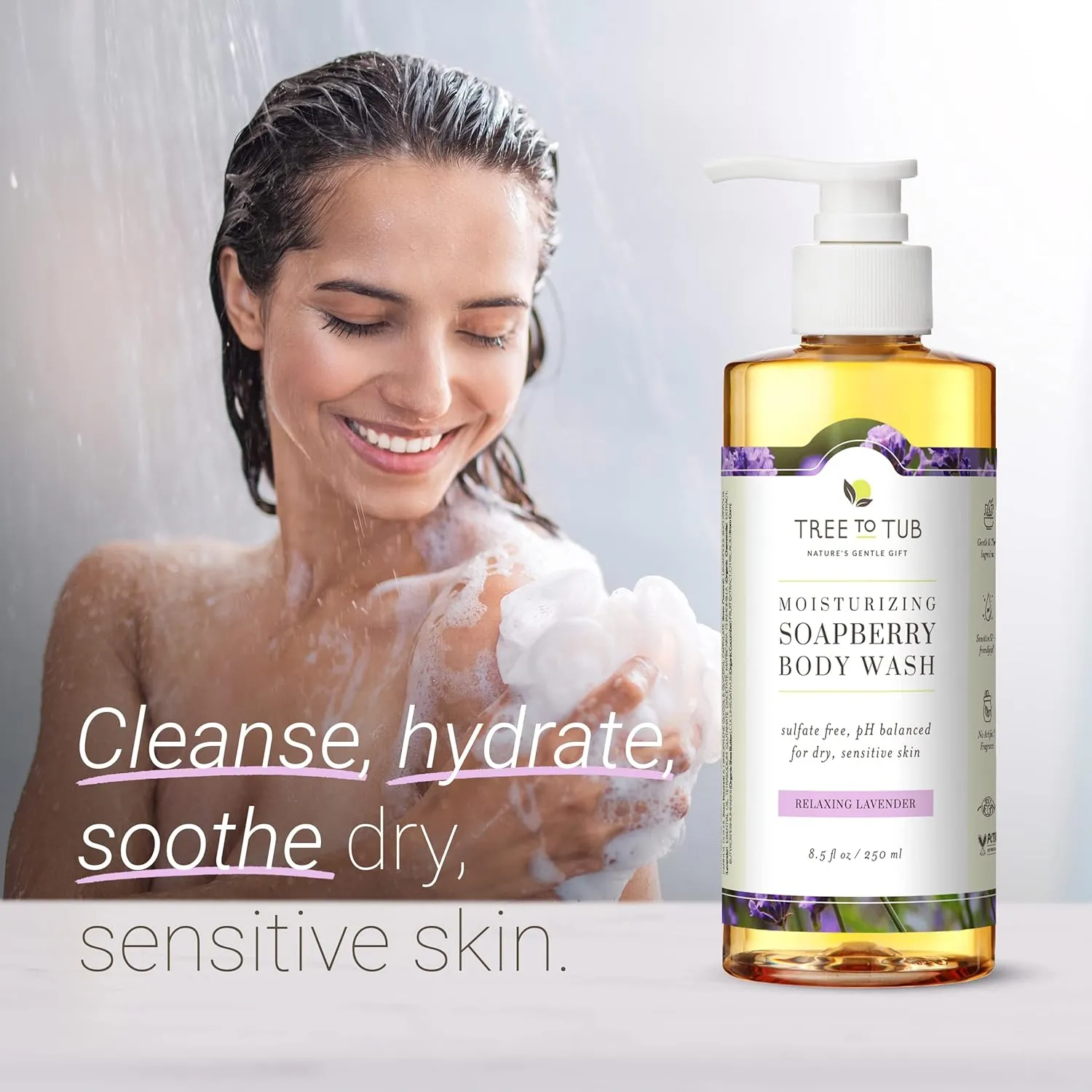 Tree to Tub Lavender Body Wash for Sensitive Skin & Dry Skin - pH Balanced Moisturizing Body Wash, Hydrating Sulfate Free Vegan Body Soap for Women & Men w/Organic Shea Butter, All Natural Aloe Vera
