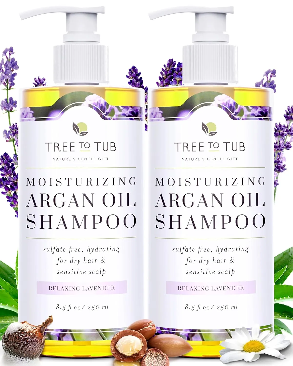 Tree to Tub Lavender Dry Hair Shampoo for Sensitive Scalp - Gentle Hydrating Dry Scalp Shampoo for Women & Men, Moisturizing Sulfate Free Shampoo w/Organic Argan Oil, Chamomile, All Natural Aloe Vera