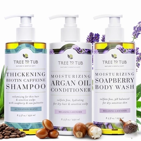 Tree To Tub Biotin Fine Hair Thickening Shampoo for Thicker, Fuller Volume & Moisturizing Conditioner for Dry Hair Dry Scalp & pH Balanced Hydrating Lavender Body Wash for Women & Men w/Natural Aloe
